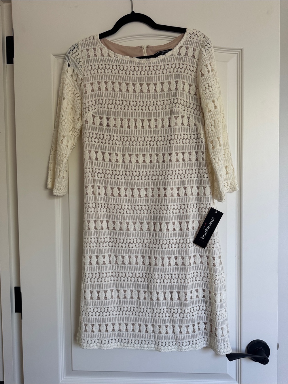 Sharagano Cream Crochet Long Sleeve Sheath Dress